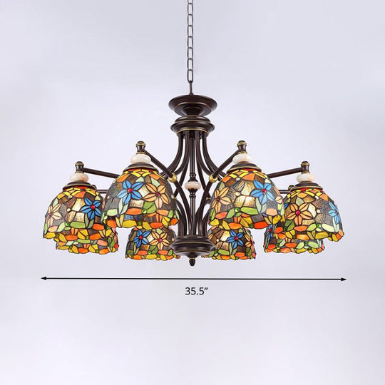 Mediterranean Stained Glass Flower Chandelier: Black Hanging Lamp for Living Room with 3/5/8 Lights