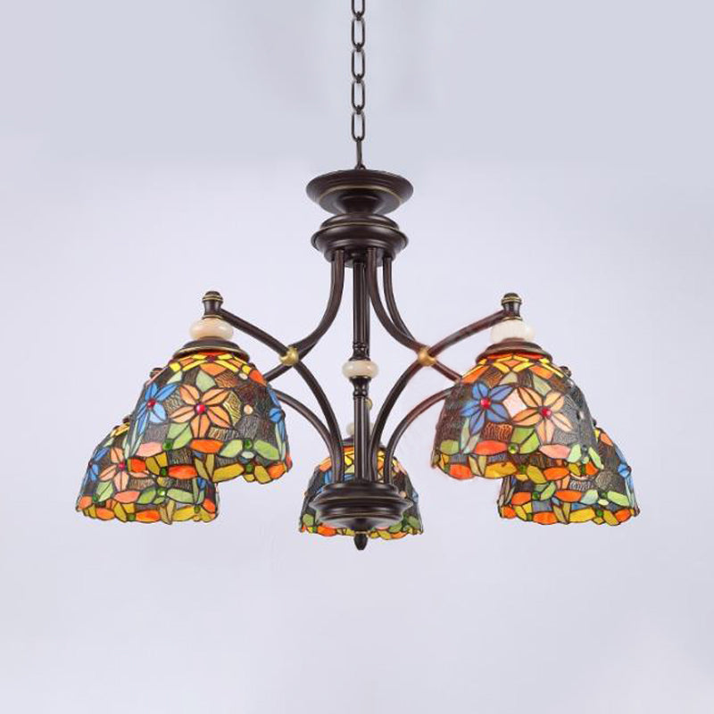 Mediterranean Stained Glass Flower Chandelier: Black Hanging Lamp for Living Room with 3/5/8 Lights