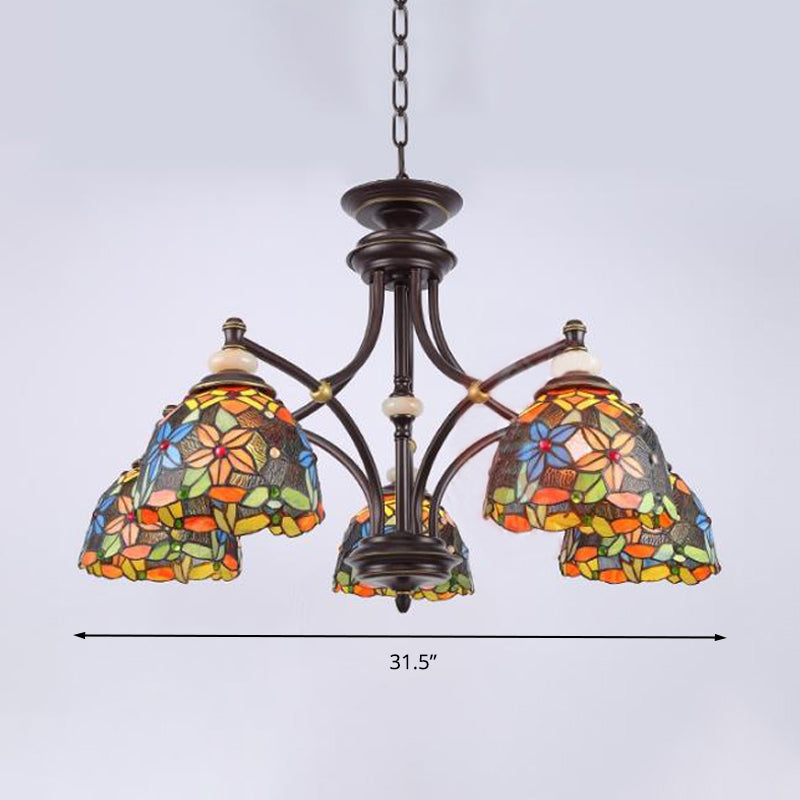 Mediterranean Stained Glass Flower Chandelier: Black Hanging Lamp for Living Room with 3/5/8 Lights