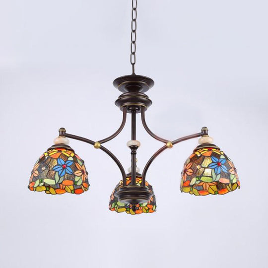 Mediterranean Stained Glass Flower Chandelier - Elegant Black Hanging Lamp Kit For Living Room 3 /