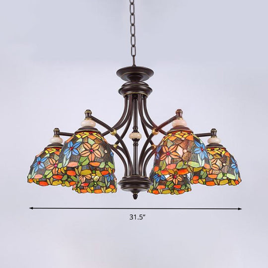 Mediterranean Stained Glass Flower Chandelier: Black Hanging Lamp for Living Room with 3/5/8 Lights