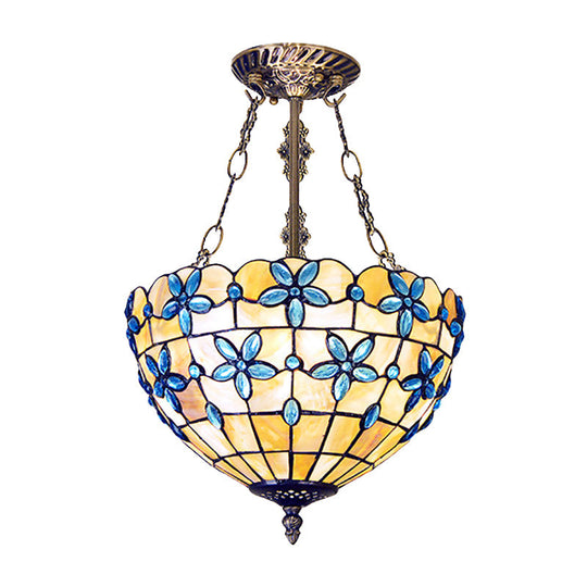 Tiffany Style Flower Shell Semi Flush Light - antique brass, 3 lights - 12"/14"/16" wide