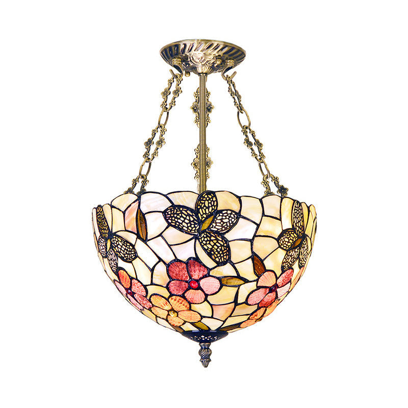 Victorian Style Flower Semi Mount Lighting - Antique Brass Flush Ceiling Fixture with 3 Lights and Dome Shade (12"/16" Width)