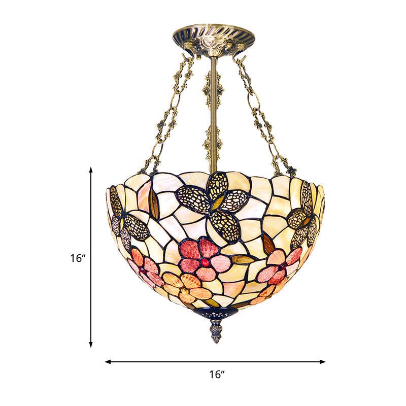 Victorian Style Flower Semi Mount Lighting - Antique Brass Flush Ceiling Fixture With 3 Lights And