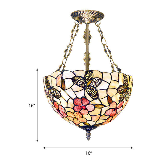 Victorian Style Flower Semi Mount Lighting - Antique Brass Flush Ceiling Fixture With 3 Lights And