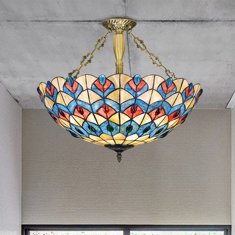 Antique Brass Semi-Flush Mount Stained Glass Ceiling Light With Tiffany Jeweled Design - 4 Lights