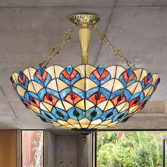 Antique Brass Semi-Flush Mount Stained Glass Ceiling Light With Tiffany Jeweled Design - 4 Lights