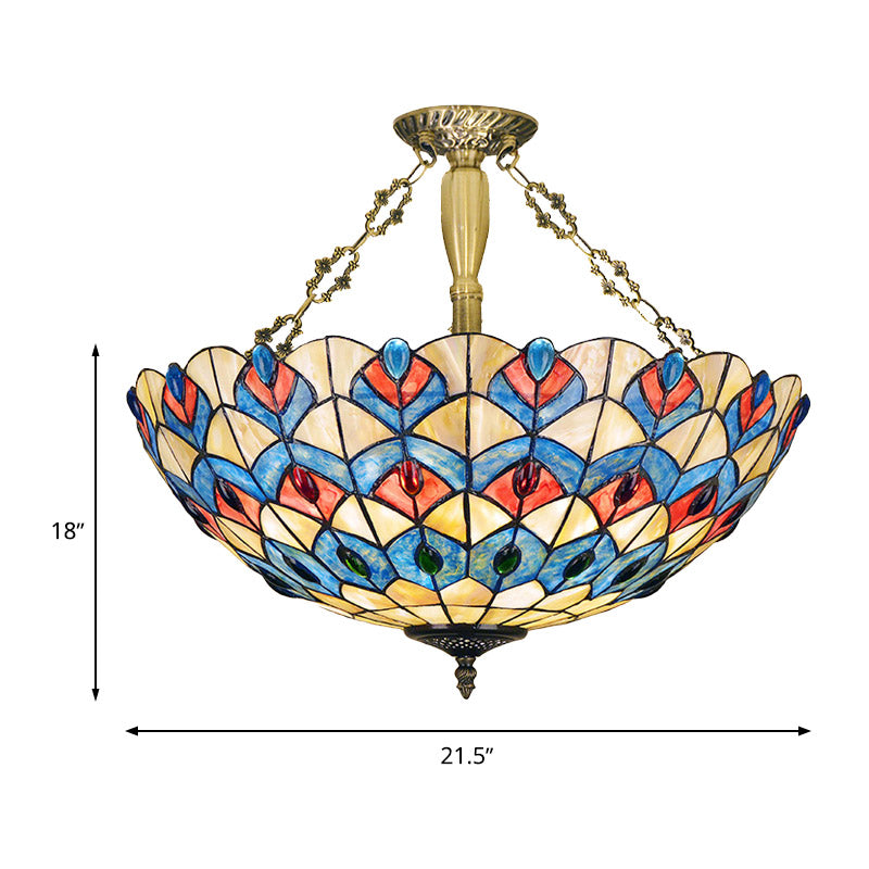 Antique Brass Semi-Flush Mount Stained Glass Ceiling Light With Tiffany Jeweled Design - 4 Lights