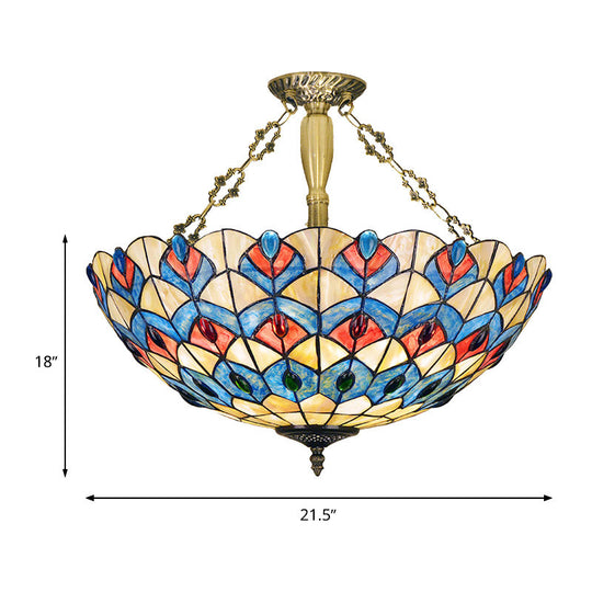 Antique Brass Semi-Flush Mount Stained Glass Ceiling Light With Tiffany Jeweled Design - 4 Lights