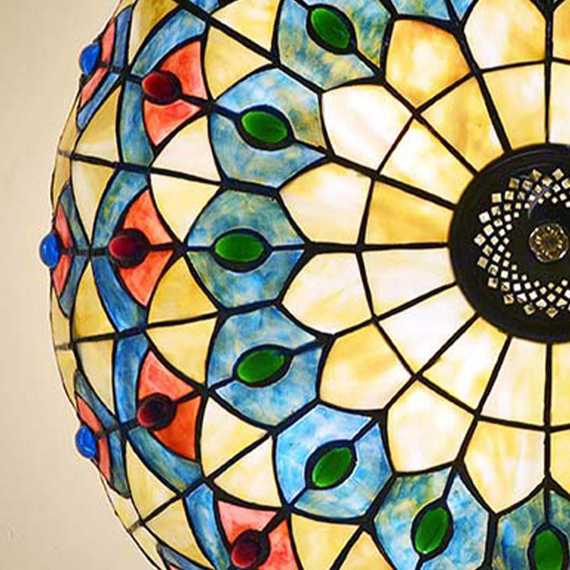 Antique Brass Semi-Flush Mount Stained Glass Ceiling Light With Tiffany Jeweled Design - 4 Lights