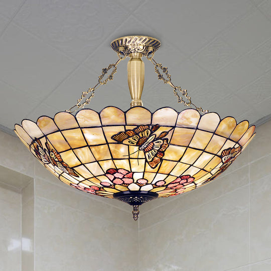 Tiffany Style Semi-Flush Ceiling Light with Butterfly, Rose & Fruit Shell Shade