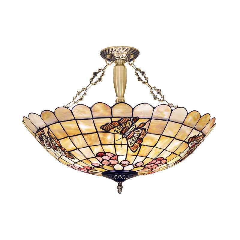 Tiffany Style Semi-Flush Ceiling Light with Butterfly, Rose & Fruit Shell Shade