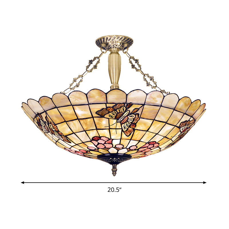 Tiffany Style Semi-Flush Ceiling Light with Butterfly, Rose & Fruit Shell Shade