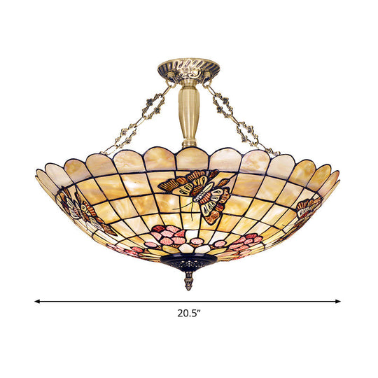 Tiffany Style Semi-Flush Ceiling Light with Butterfly, Rose & Fruit Shell Shade