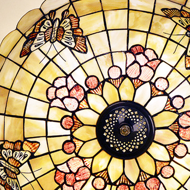 Tiffany Style Semi-Flush Ceiling Light with Butterfly, Rose & Fruit Shell Shade