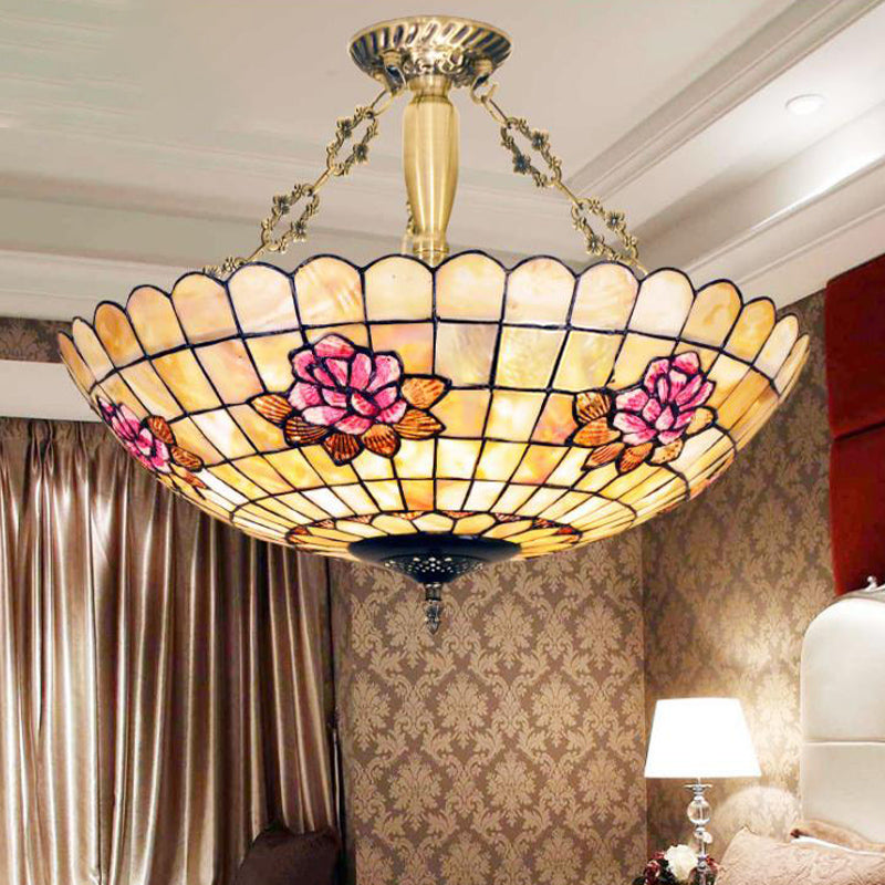 Tiffany Style Semi-Flush Ceiling Light with Butterfly, Rose & Fruit Shell Shade