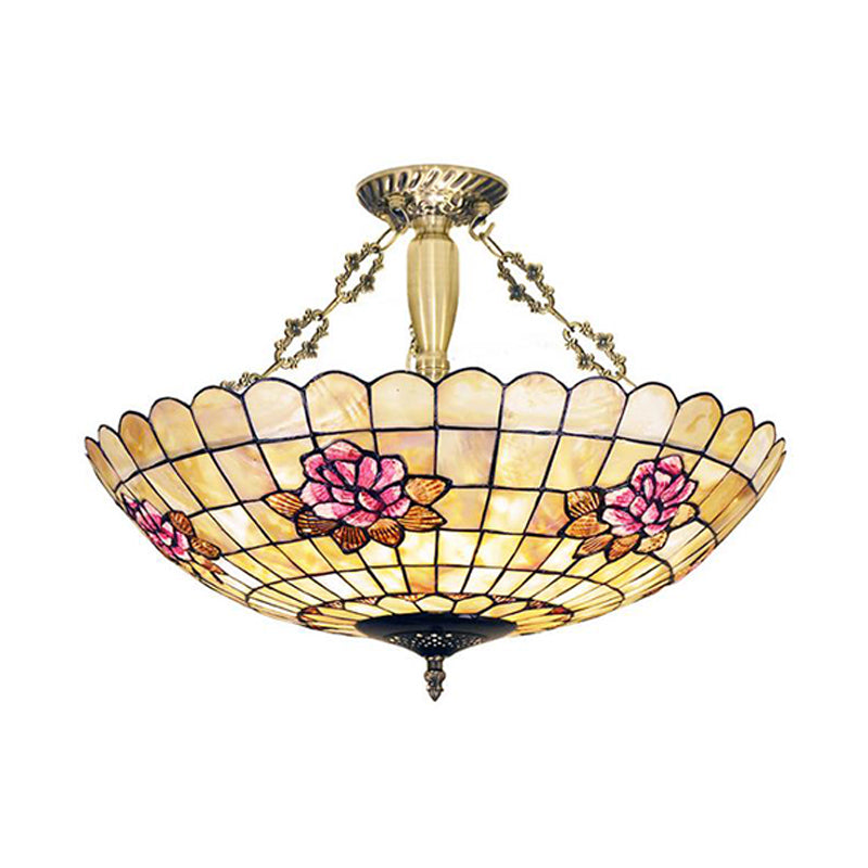 Tiffany Style Semi-Flush Ceiling Light with Butterfly, Rose & Fruit Shell Shade