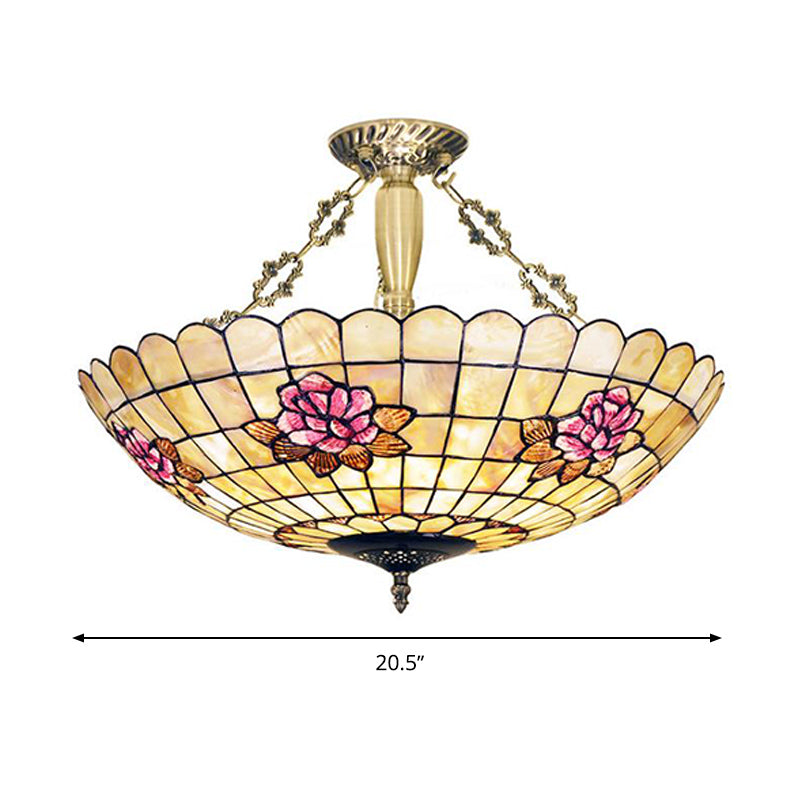 Tiffany Style Semi-Flush Ceiling Light with Butterfly, Rose & Fruit Shell Shade