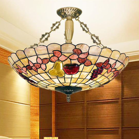 Tiffany Style Semi-Flush Ceiling Light with Butterfly, Rose & Fruit Shell Shade