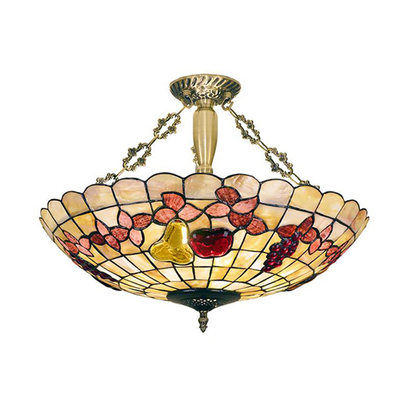 Tiffany Style Semi-Flush Ceiling Light with Butterfly, Rose & Fruit Shell Shade