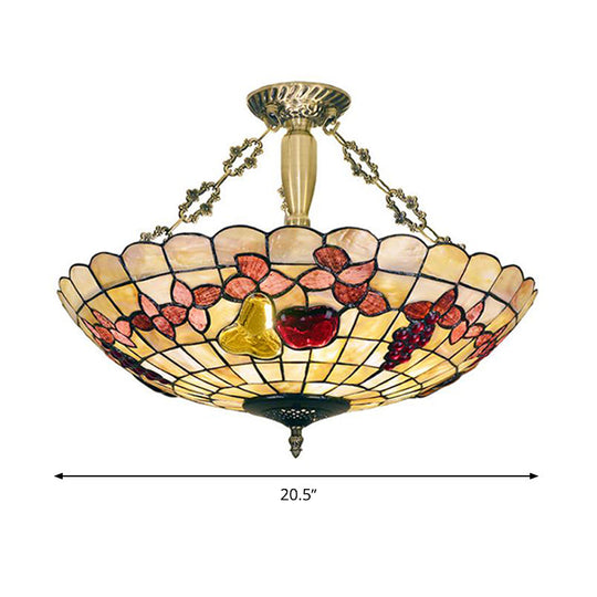 Tiffany Style Semi-Flush Ceiling Light with Butterfly, Rose & Fruit Shell Shade