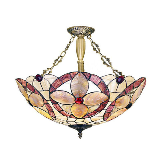 Tiffany Style Semi-Flush Ceiling Light with Butterfly, Rose & Fruit Shell Shade