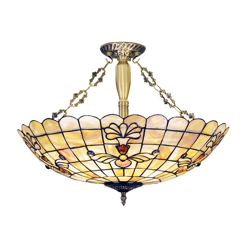 20.5/21.5 Wide Shell Flower Mediterranean Ceiling Flush Mount - 4 Lights Brass Semi Light