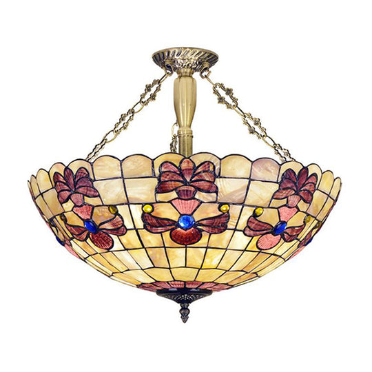 20.5/21.5 Wide Shell Flower Mediterranean Ceiling Flush Mount - 4 Lights Brass Semi Light / 21.5