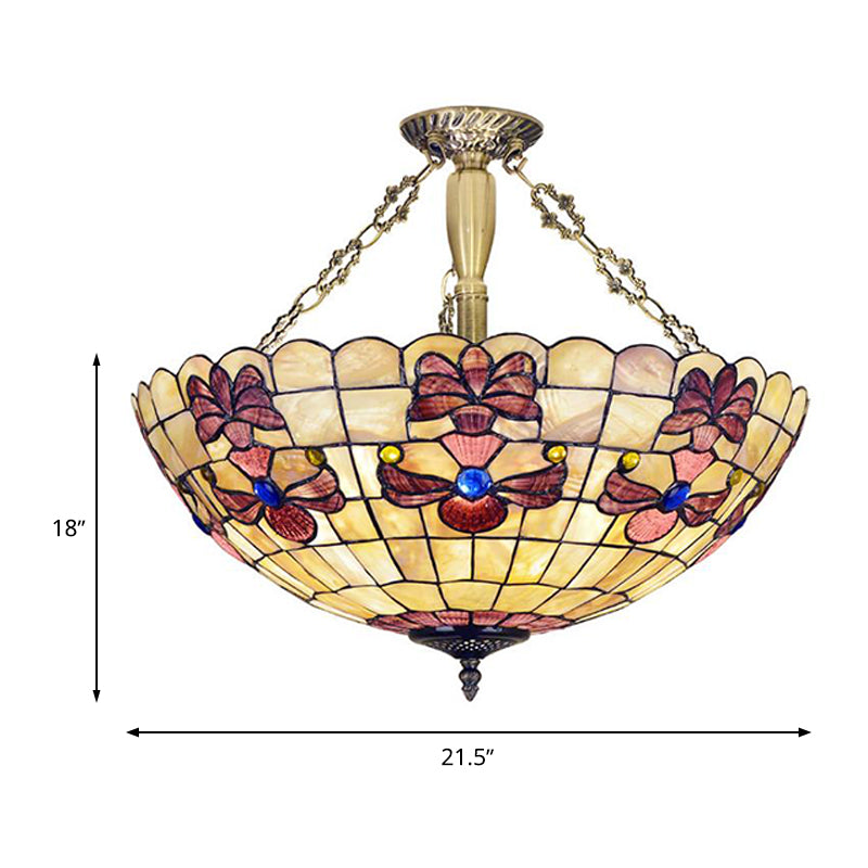 20.5"/21.5" Wide Shell Flower Mediterranean Ceiling Flush Mount - 4 Lights Brass Semi Flush Light