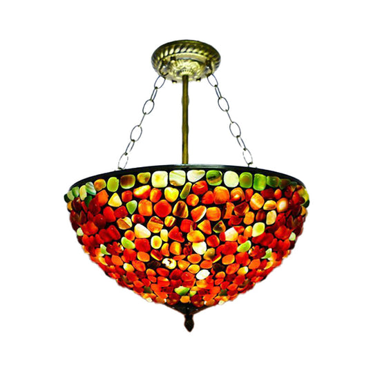 Antique Brass Semi Flush Mount Stone Ceiling Lamp with Bowl Shade - 3 Lights - Mediterranean Style