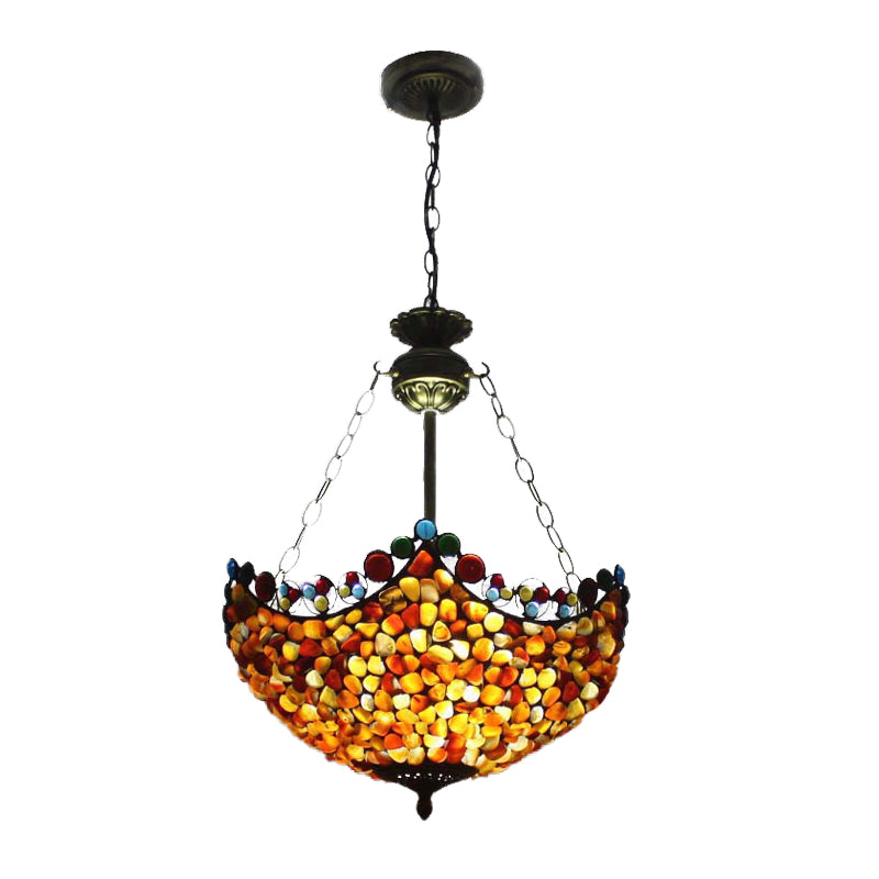 Antique Brass Semi Flush Mount Stone Ceiling Lamp with Bowl Shade - 3 Lights - Mediterranean Style