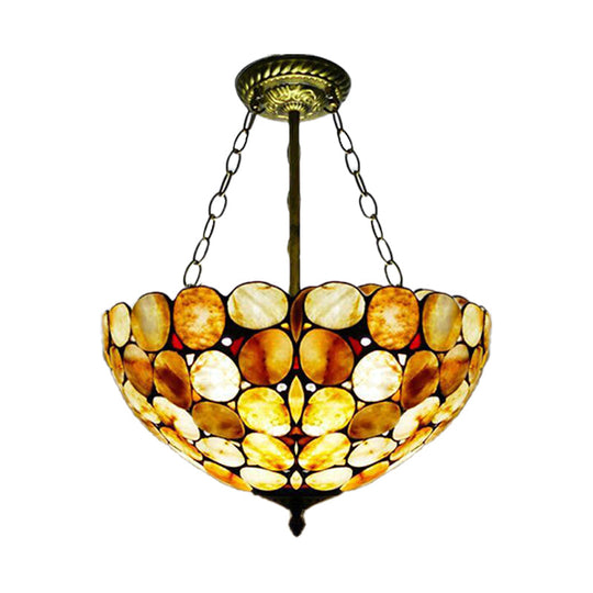 Antique Brass Semi Flush Mount Stone Ceiling Lamp with Bowl Shade - 3 Lights - Mediterranean Style