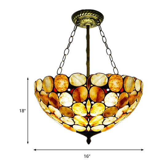 Antique Brass Semi Flush Mount Stone Ceiling Lamp with Bowl Shade - 3 Lights - Mediterranean Style