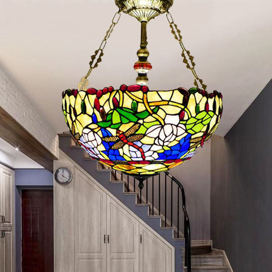 Dragonfly Stained Glass Semi Flush Lighting - Mediterranean Style 5 Lights Brass Ceiling Mount