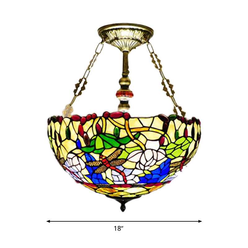 Mediterranean Dragonfly Stained Glass Ceiling Light - 5-Light Brass Flush Mount