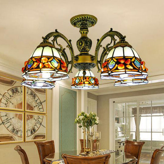 Antique Bronze Stained Glass Chandelier - Tiffany Style Pendant Light With 3/5/8 Lights 5 / Gem