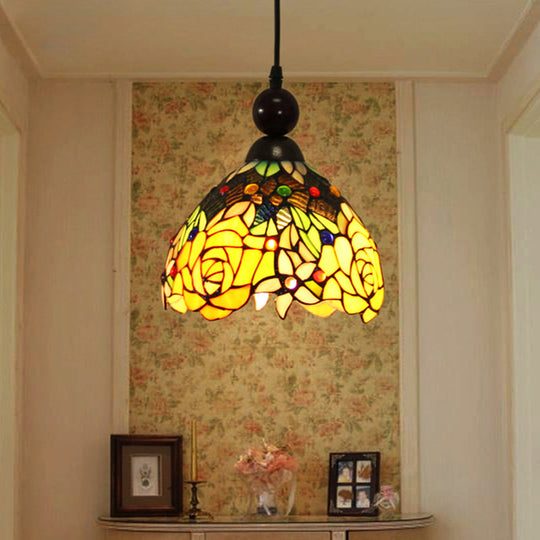 Tiffany Style Stained Art Glass Pendant Light - Pink/Yellow Blossom Ceiling Lamp