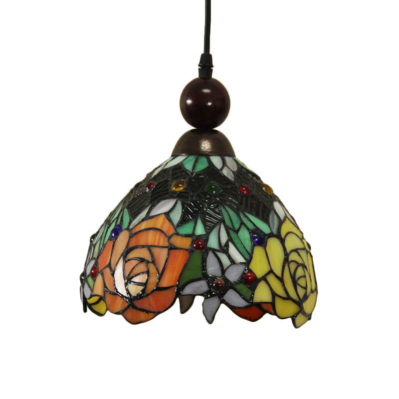 Tiffany Style Stained Art Glass Pendant Light - Pink/Yellow Blossom Ceiling Lamp