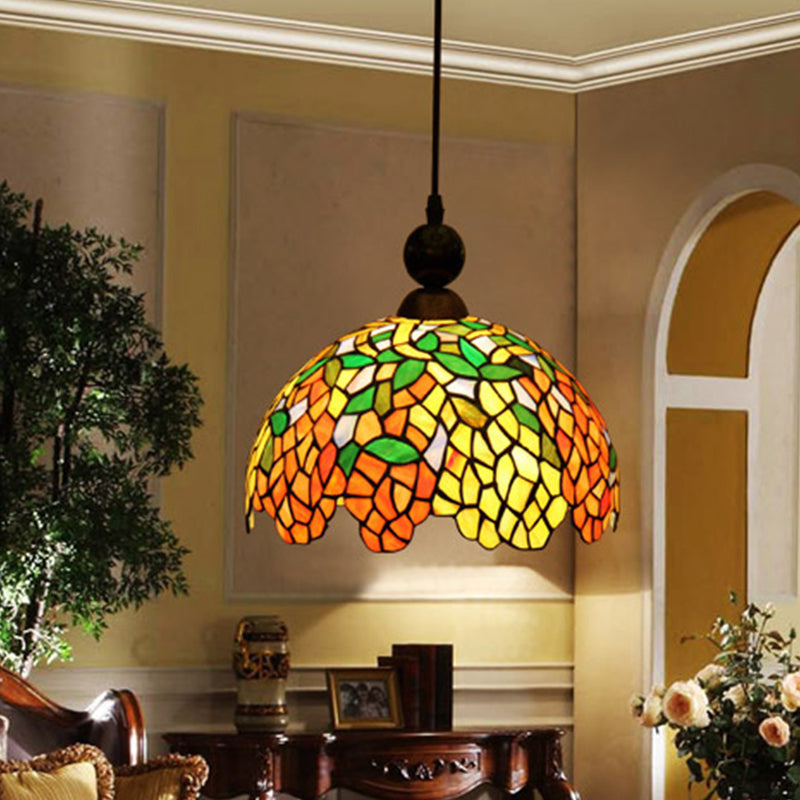 Mediterranean Stained Glass Dome Pendant Ceiling Light For Kitchen - Red