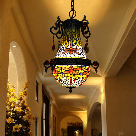 Dragonfly Pendant Light Fixture: Mediterranean Red Stained Glass 1-Light Suspension Lighting