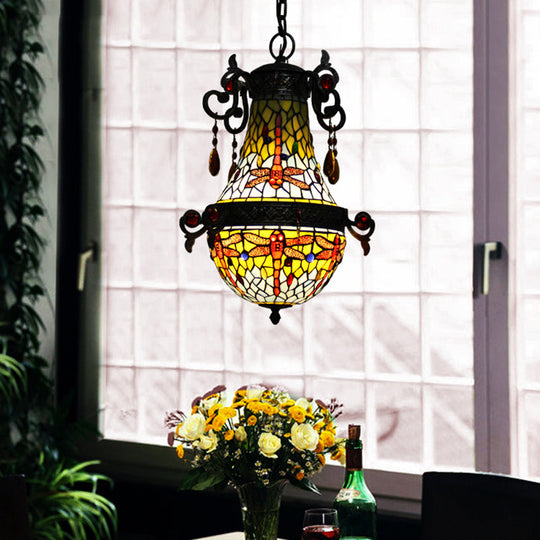 Mediterranean Stained Glass Dragonfly Pendant Light Fixture: 1-Light Red Suspension Lighting