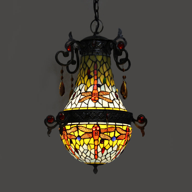 Mediterranean Stained Glass Dragonfly Pendant Light Fixture: 1-Light Red Suspension Lighting