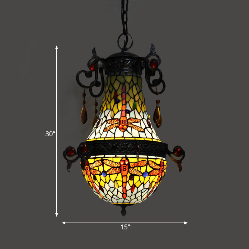 Mediterranean Stained Glass Dragonfly Pendant Light Fixture: 1-Light Red Suspension Lighting