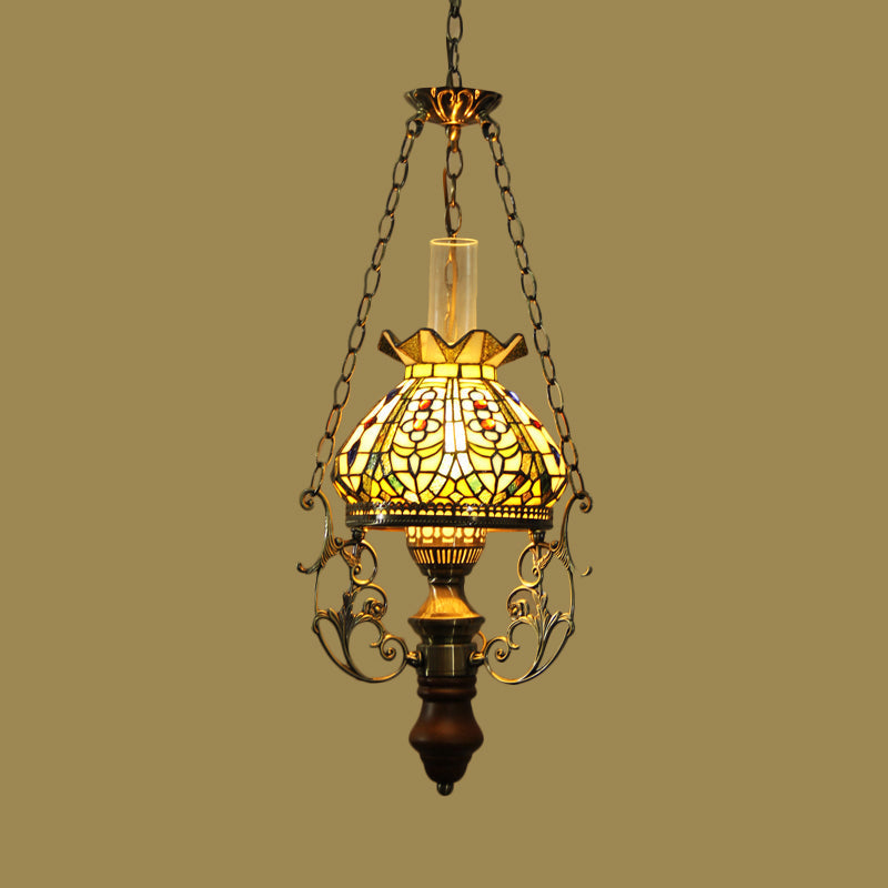 Stained Glass Mediterranean Hanging Ceiling Light with Green Blossom Design