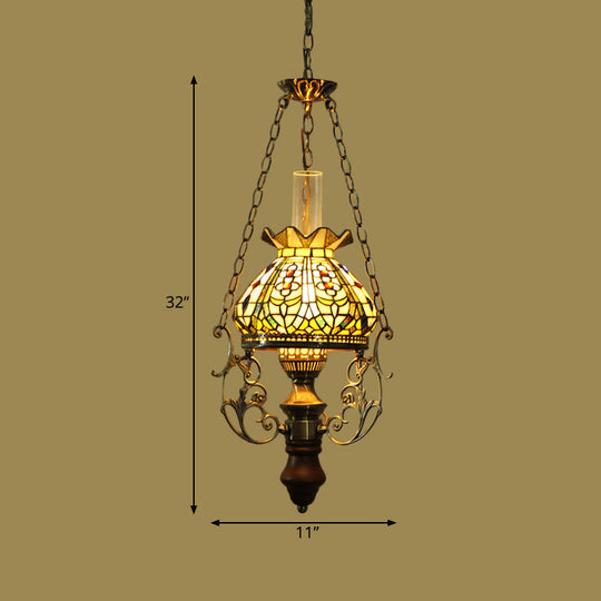 Stained Glass Mediterranean Hanging Ceiling Light with Green Blossom Design