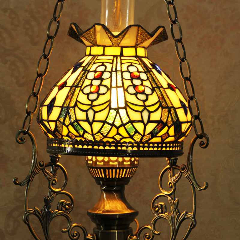 Stained Glass Mediterranean Hanging Ceiling Light with Green Blossom Design