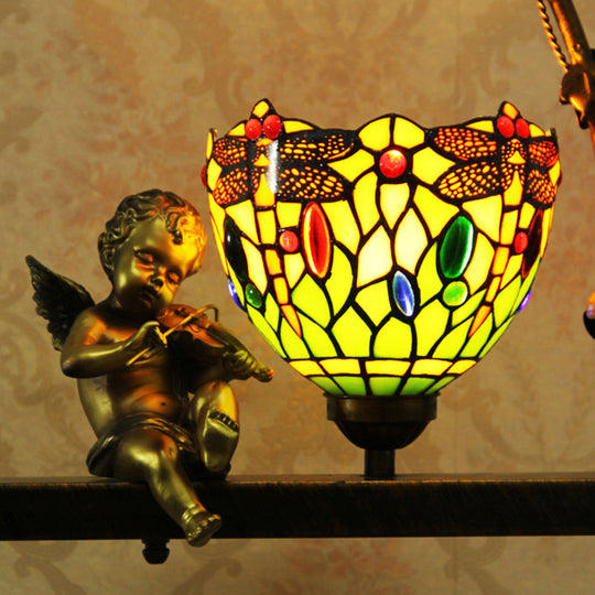 Mediterranean Stained Glass Bowl Pendant Light With Angel Deco In Red/Green