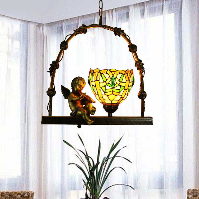 Mediterranean Stained Glass Bowl Pendant Light With Angel Deco In Red/Green Green