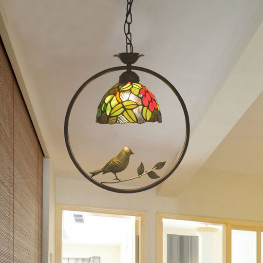 Dome Hanging Tiffany Lamp Kit - 1-Light Cut Glass Suspension Ceiling Lamp in Pink/Yellow with Bird Deco for Dining Room