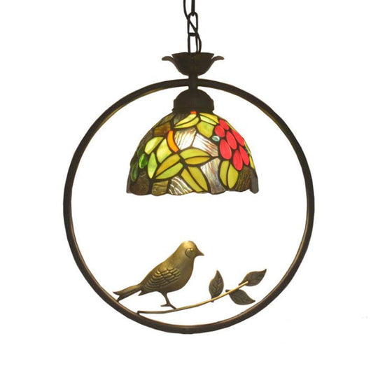 Dome Hanging Tiffany Lamp Kit - 1-Light Cut Glass Suspension Ceiling Lamp in Pink/Yellow with Bird Deco for Dining Room